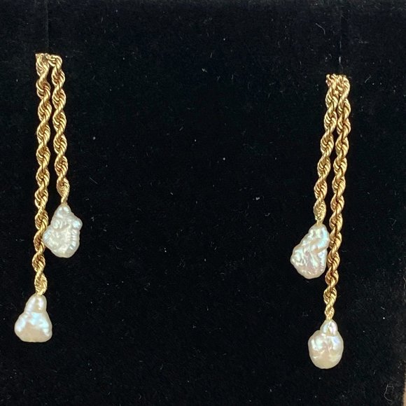 Gem Emporium Jewelry - Vintage 14K Gold 1.5 MM Rope Chain Earrings 2 Strands with 3x4MM Rice Pearls